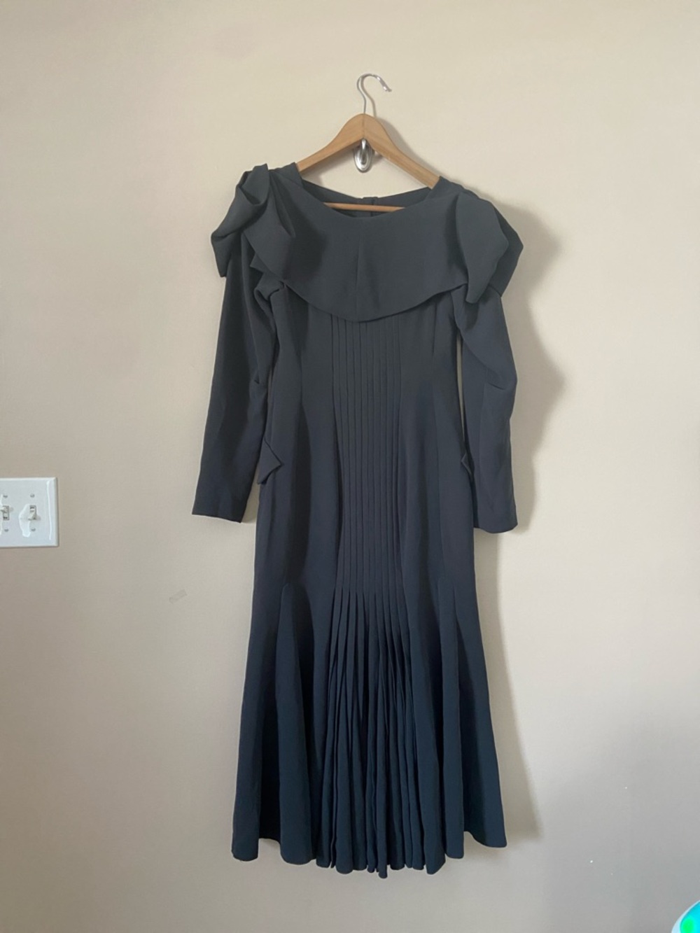 Byron Lars Tailored Midi Dress Architectural Collar Pleated Back Size 2 -XS Gray - Picture 3 of 10